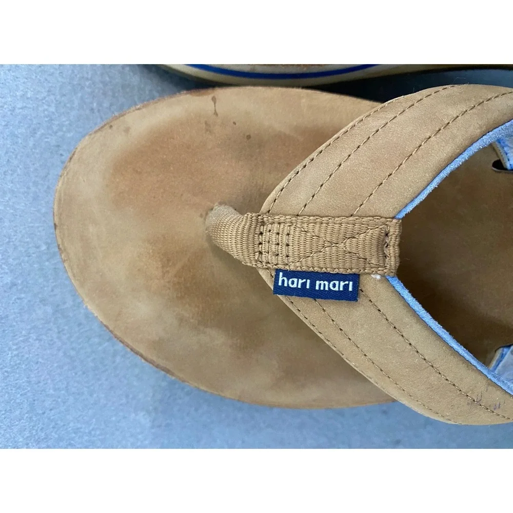 Hari Mari Fields Men 7 Tan Nubuck Leather Flip Flops Navy Blue Stripe Sandals